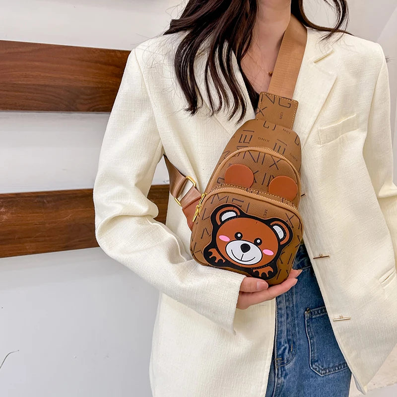 Women’s Kawaii Bear Shoulder Bag – Cute PU Leather Messenger Chest Bag for Girls