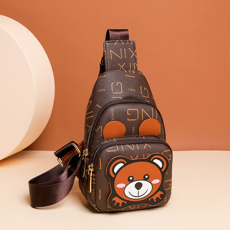 Women’s Kawaii Bear Shoulder Bag – Cute PU Leather Messenger Chest Bag for Girls